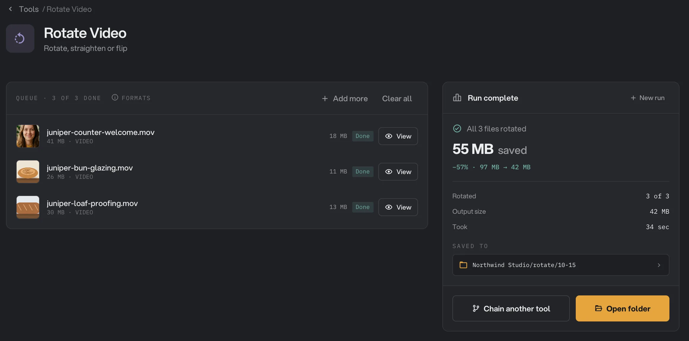 The finished run: all three clips rotated, with the output folder and Open folder