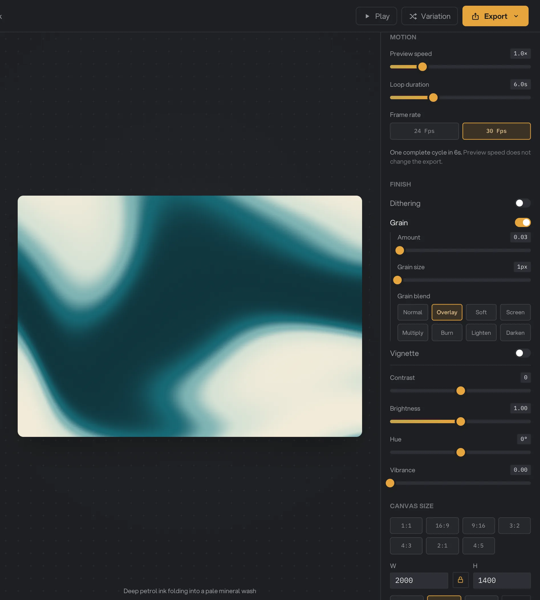 Motion, Finish and Canvas size settings in the right panel