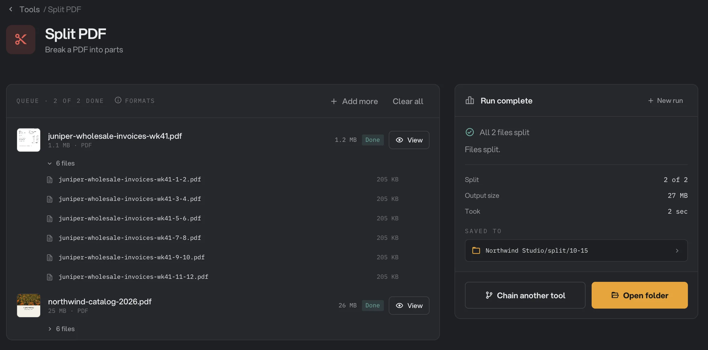 A finished split: one invoice PDF split into 6 files, with their names and the Run complete panel