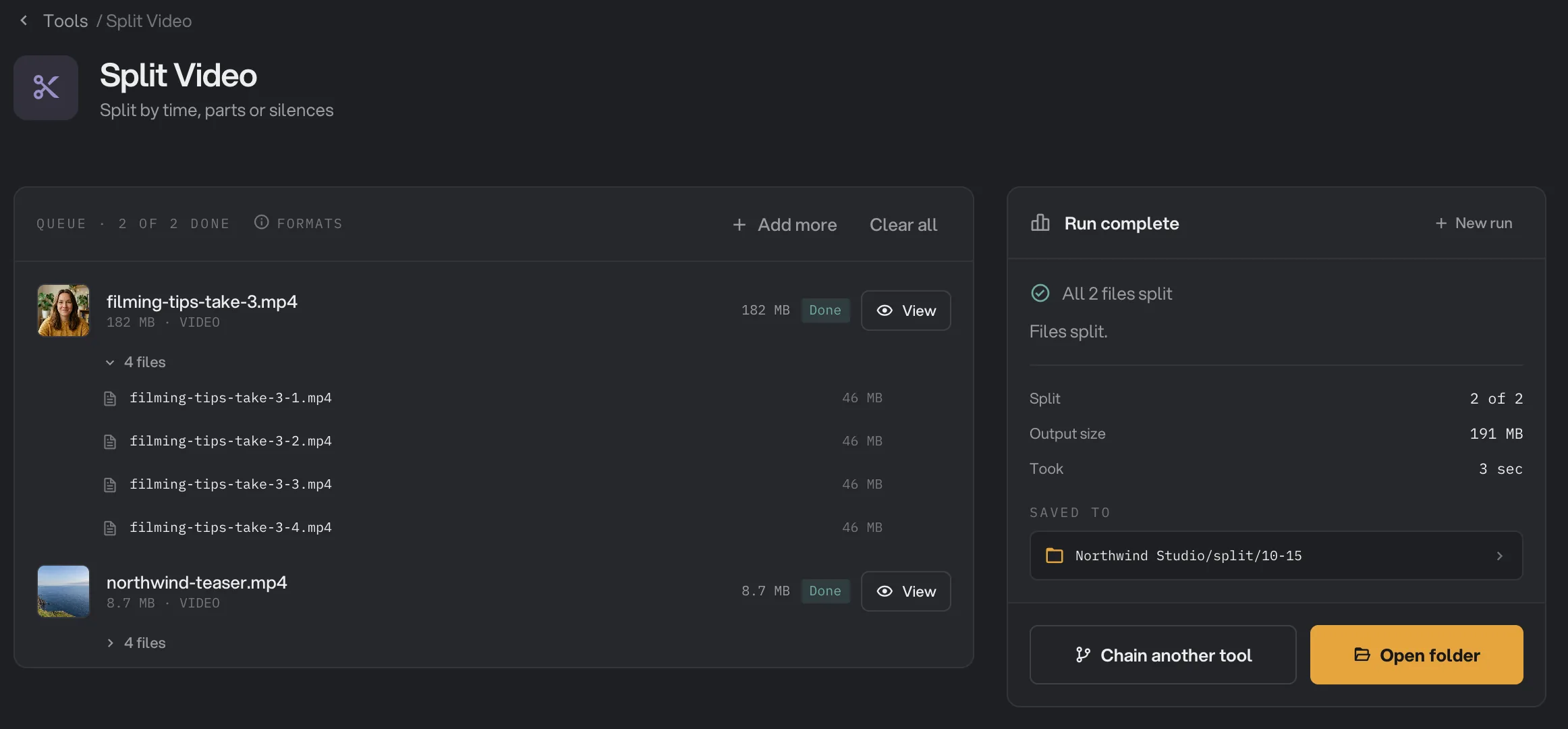 Run complete: both videos split, with the first video's 4 pieces listed