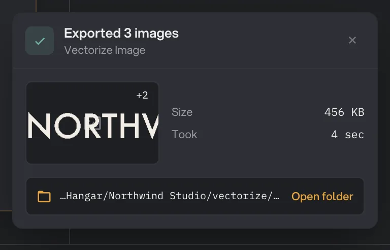 The export receipt after exporting all three images