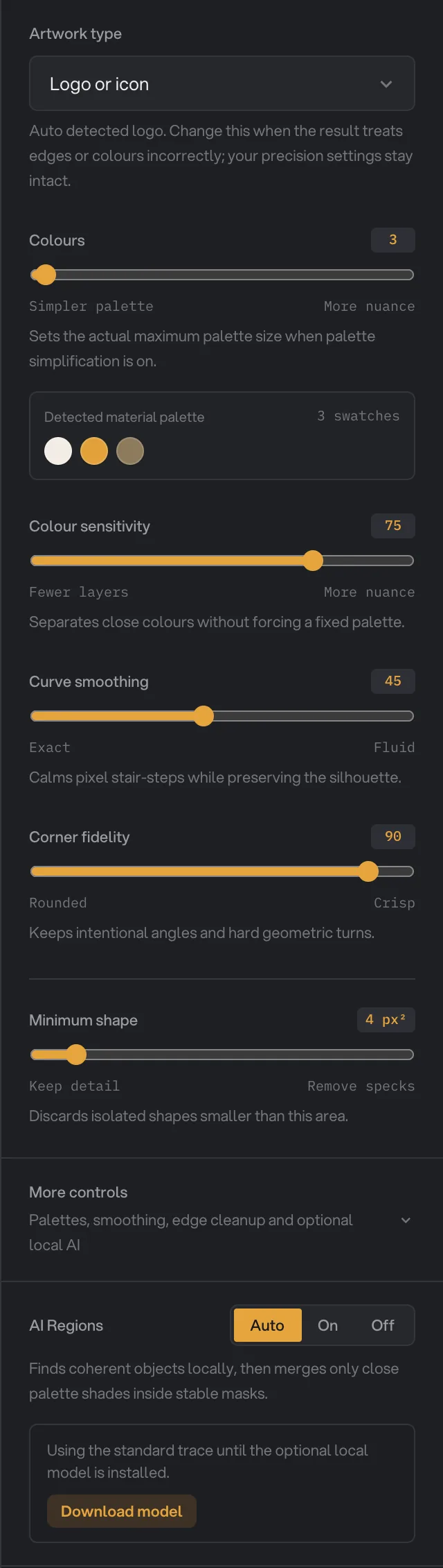 Fine tune and More controls open in the inspector, with the AI Regions model not yet downloaded