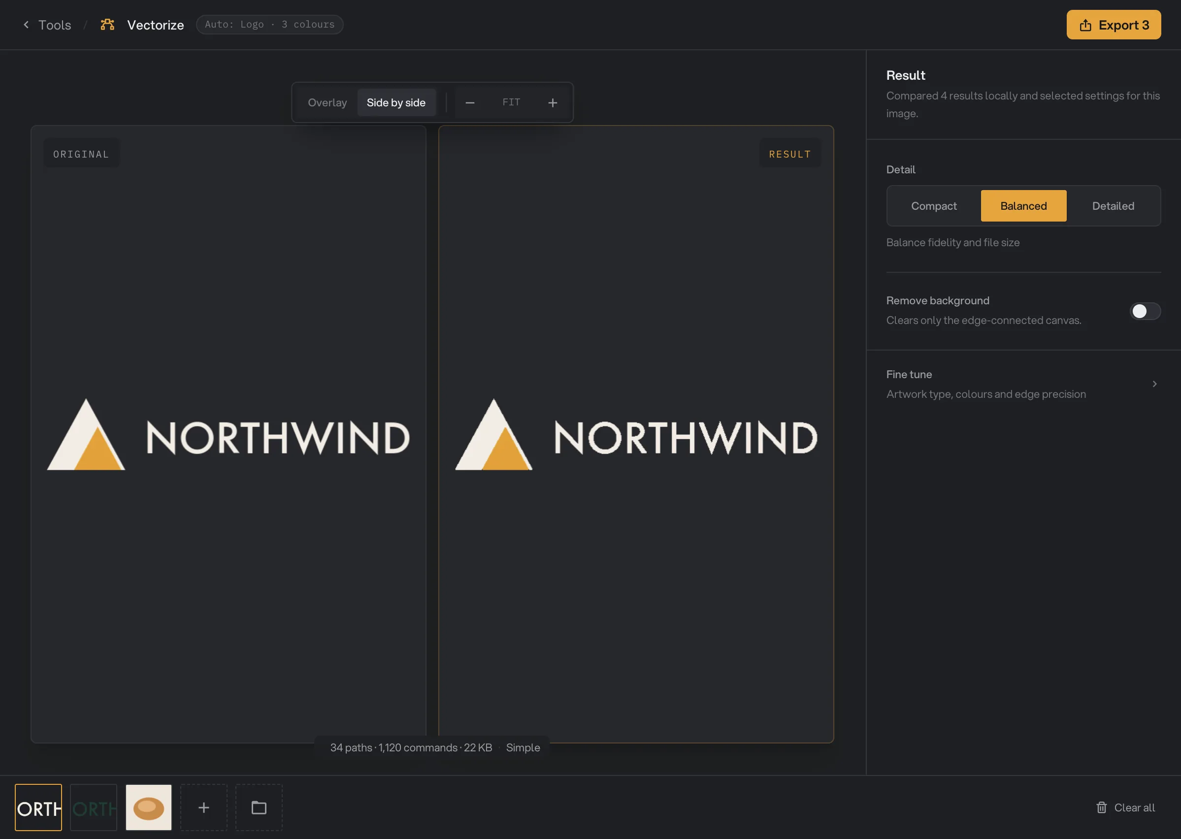 The Vectorize Studio with three images, the light Northwind logo selected, its original and result side by side, and the automatic settings in the inspector