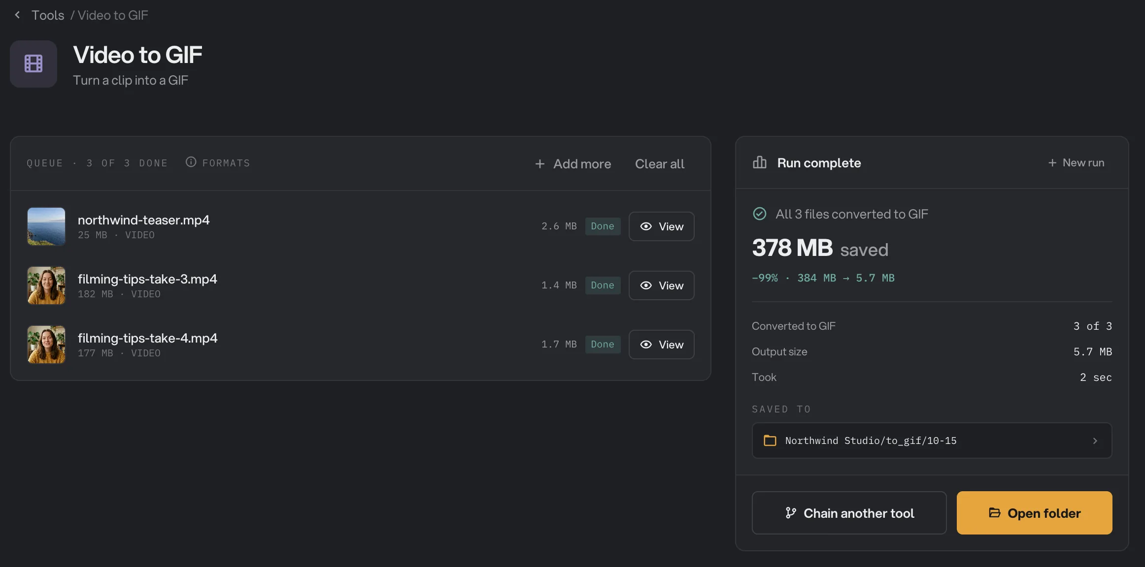 Run complete: all 3 clips converted to GIF