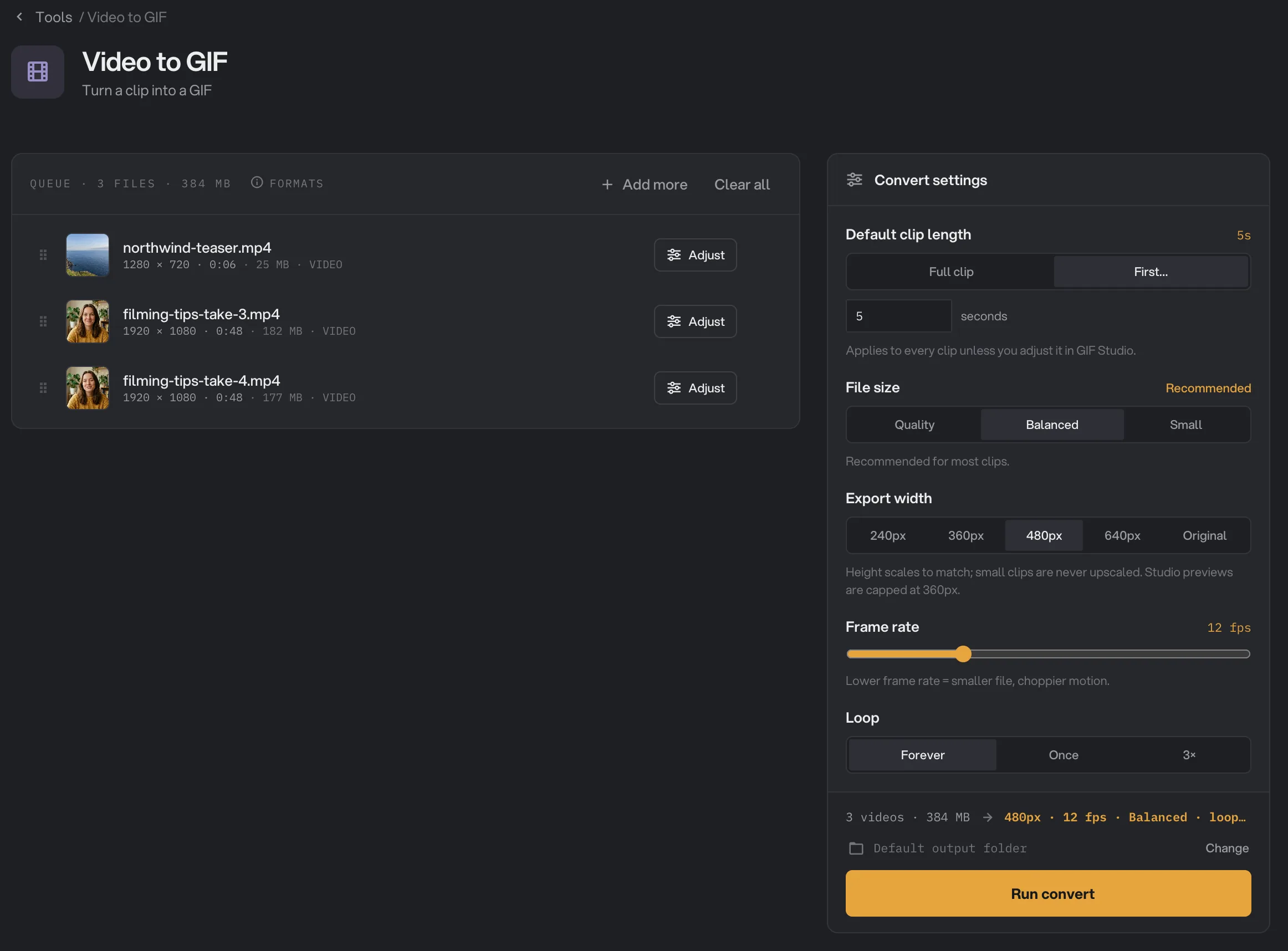 Video to GIF with three clips queued and the default GIF settings: first 5 seconds, Balanced, 480px, 12 fps, looping forever