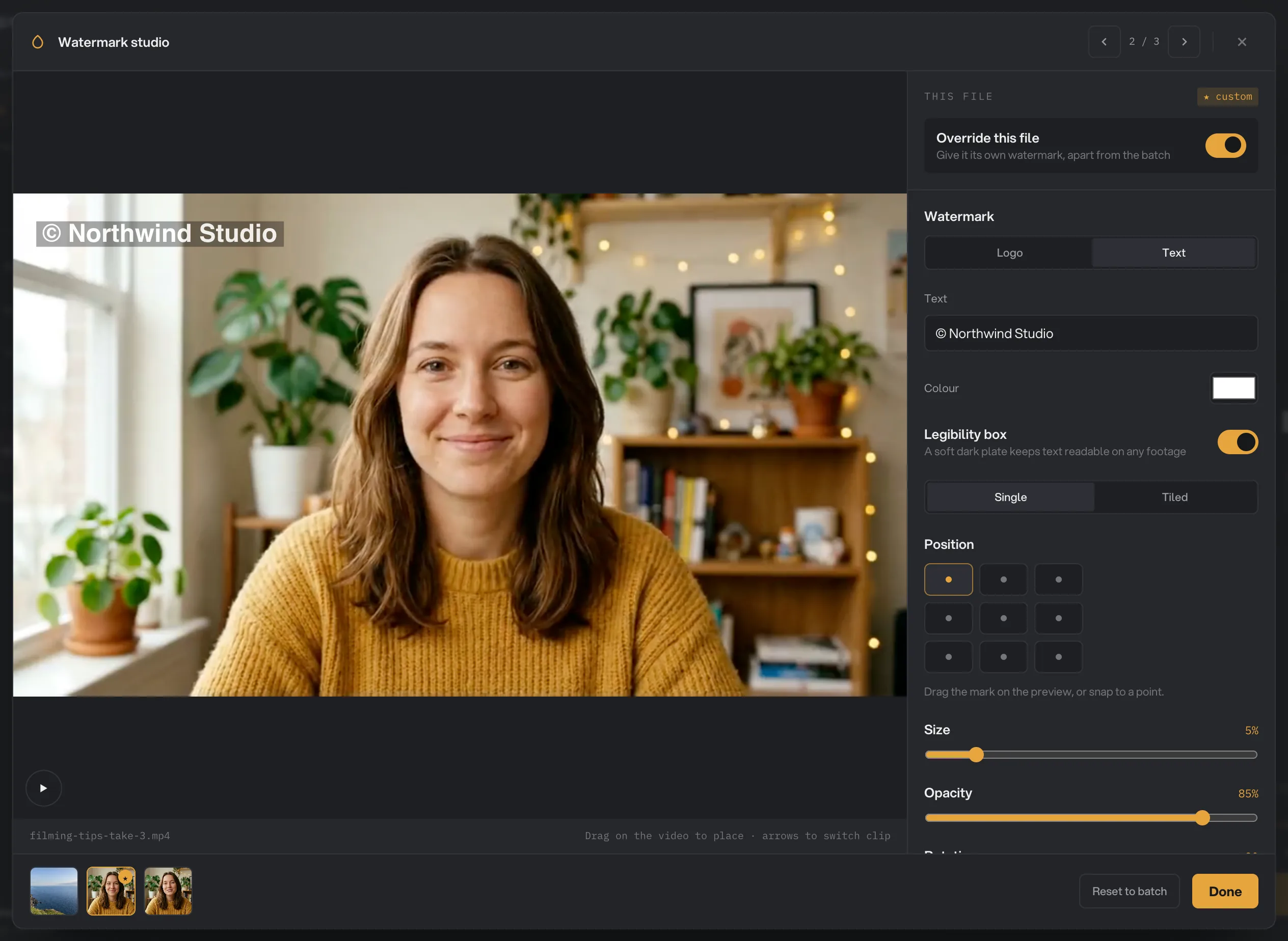 The Watermark studio on the second clip, overridden with a © Northwind Studio text mark in the top left
