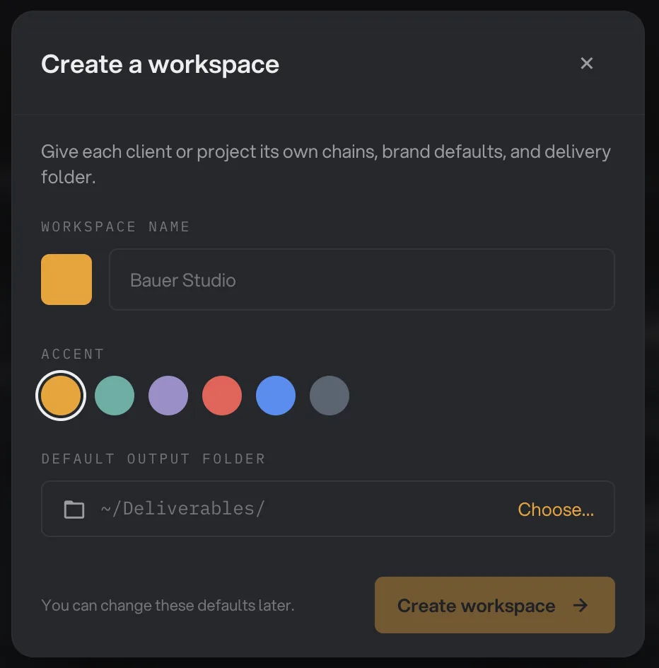 The Create a workspace dialog with a Workspace name field, six Accent color swatches, a Default output folder row with a Choose button and the Create workspace button