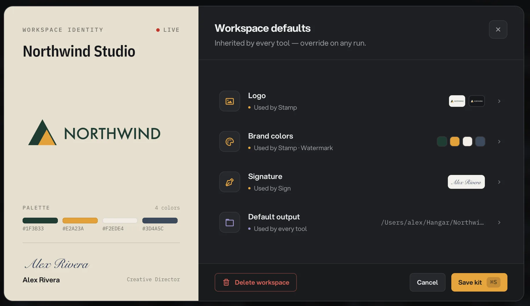 Workspace defaults for Northwind Studio showing the Logo, Brand colors, Signature and Default output rows, a preview of the brand kit on the left and the Save kit button
